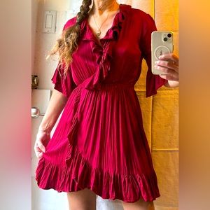 Red wrap dress with ruffles